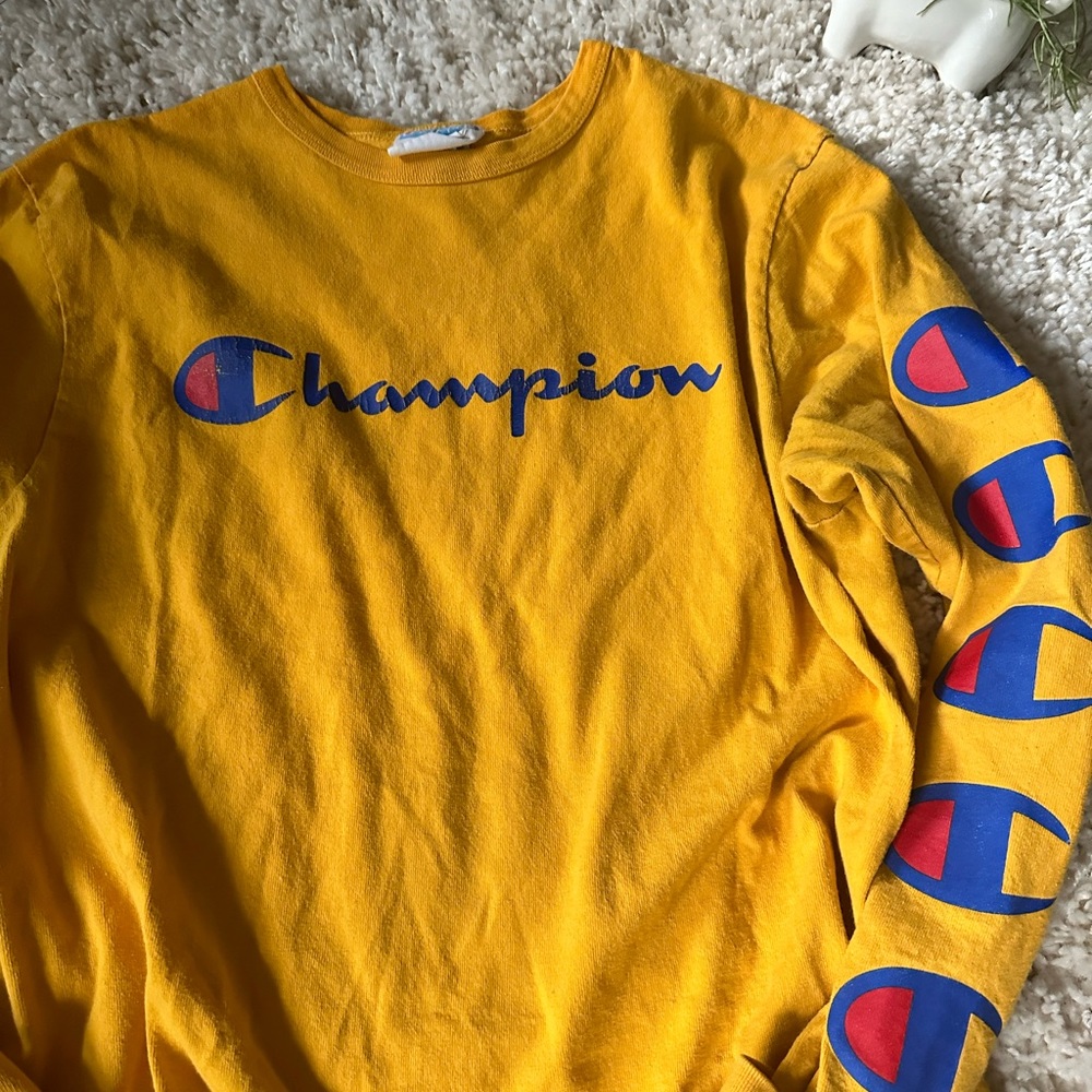 Yellow vintage champion, long sleeve fall winter bold logo cute sweatshi…